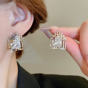 Elegant silver square zircon stud earrings with vintage window frame design for women