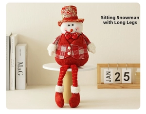 Detail of sitting Christmas snowman plush with red top hat and red plaid suit on white shelf
