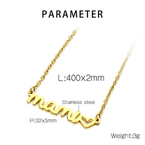 Technical drawing of gold MAMA heart necklace with stainless steel specs and measurements