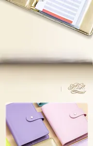 Detail view of A6 6-ring binder showing leather texture and multi-color notebook covers