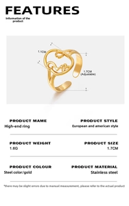 Detail of adjustable gold-plated stainless steel ring with hollow portrait design