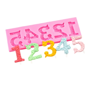Pink silicone number 1-5 mold for cake decor with floral embossed lollipops
