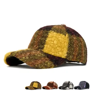 Winter plaid sherpa baseball cap for women with warm fleece and colorful check pattern