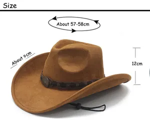 Detailed size chart for Western cowboy hat showing brim width and crown height measurements