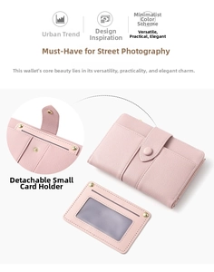 Detail of pink Saffiano leather wallet with a functional detachable card holder slot