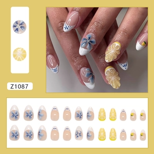 3D mint blue flower and lemon press-on nails set with French white tips 24pcs