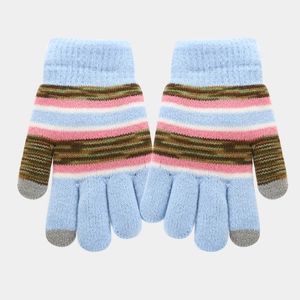 Close-up of light blue striped knit gloves with conductive touch screen gray fingertips