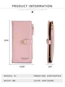 Detailansicht der Größe: Rosa lange PU-Ledergeldbörse mit goldener Schnalle und Zipper