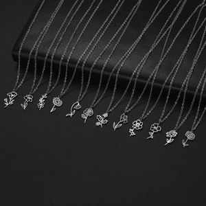 Stainless Steel Birth Flower Pendant Necklace Hollow Floral Birthday Month Jewelry Minimalist Necklace For Women Men Gift