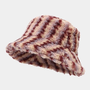 Chapeau bob en peluche à rayures multicolores pour femmes en fausse fourrure bordeaux et rose