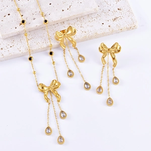 Stainless Steel Bowknot Tassel Pendant Necklace And Earrings Gold Water Drop Rhinestone Jewelry For Women Elegant Retro Style