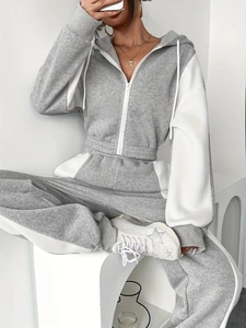 Women's grey and white contrast zip-up hoodie and high-waisted jogger two-piece set