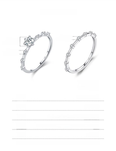 Detailed view of S925 sterling silver solitaire ring and sparkling moissanite band