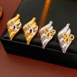Stainless Steel Rhombus Bowknot Stud Earrings With Silver Earring Post Two Tone Wave Textured Elegant Jewelry For Women