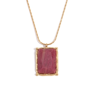 18K gold plated stainless steel necklace with rectangular pink stone pendant for women