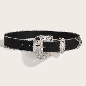 Retro black leather belt with ornate silver floral engraved buckle and metallic accents