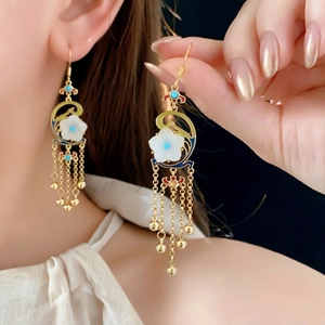 Vintage gold-plated flower earrings with blue beads and long chain tassel drops