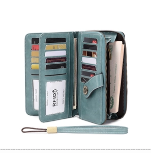 Detail of teal RFID blocking wallet showing card slots and large zipper pocket