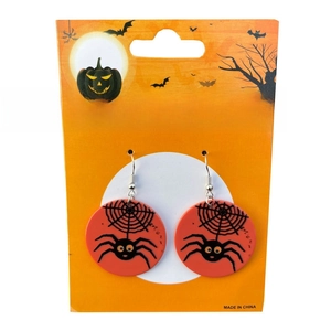 Halloween drop earrings with spider web pattern on orange acrylic rounds for festive party