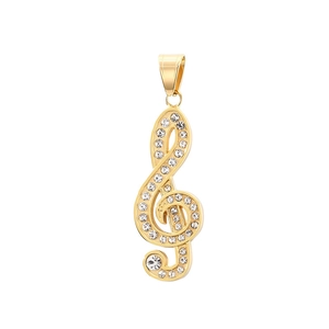 Hiphop gold musical note pendant for men with sparkling crystals on white background