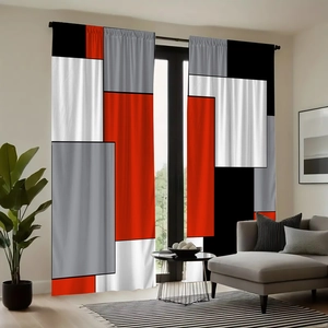 Detail view of modern geometric square pattern polyester curtains in a living room setup