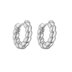 Detailed view of silver twist texture hoop earrings with polished metallic finish