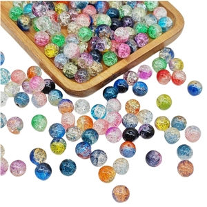 6mm and 8mm cracked glass round beads for DIY jewelry making in multi-color wooden tray