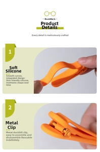 Detail view of the orange soft silicone bookmark with an integrated metal duckbill clip