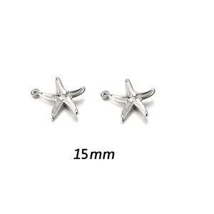 Macro detail of 15mm starfish metal charms with textured finish and hanging loops