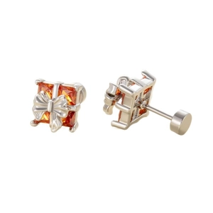 Silver titanium steel bow gift box stud earrings with orange zircon stones