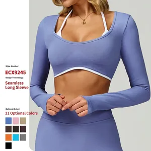 Women's Seamless Contrast Yoga Top Long Sleeve Fake Two-Piece Slim Fit Sports T-Shirt Workout Fitness Running Crop Top