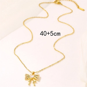 Golden bow necklace with heart zircon and crystal detail, 40+5cm adjustable chain