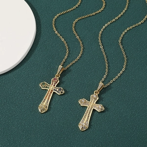 Fashion Gold Plated Copper Zirconia Cross Pendant Necklace For Women Religious Multicolor White CZ Trendy Jewelry Accessory Gift