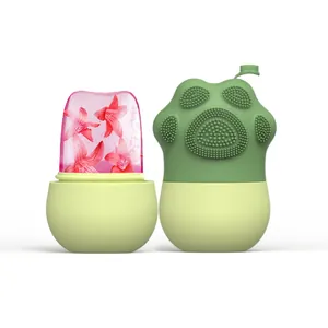 Close-up of cat claw silicone ice roller with transparent ice block and pink flower detail