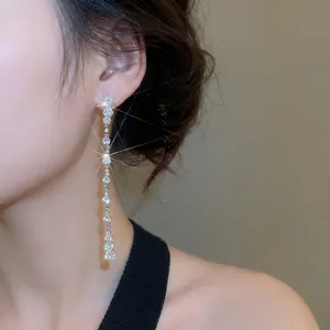 Elegant long silver tassel earrings featuring sparkling teardrop zircon stones on a model