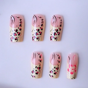 French leopard and floral print press-on nails in square oval shape with 24 pieces set