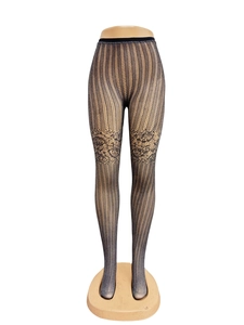 Detail of grey diamond patterned tights featuring vertical stripes and floral lace patterns