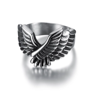 Retro stainless steel flying eagle wings ring with detailed feather texture and polished finish