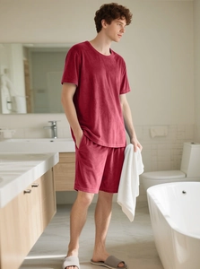Detail of dark red men's loungewear set featuring soft fabric texture and casual fit