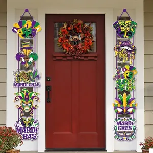 Set of two Mardi Gras porch banners with mask and fleur-de-lis patterns on front door