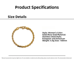Detail showing 4mm gold twisted rope chain bracelet with 160mm length specifications