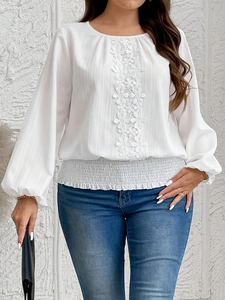 Women Plus Size Blouse White Elegant Round Neck Lantern Sleeve Lace Patchwork Smocked Hem Top