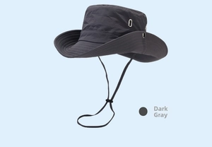 Detail of dark grey quick-dry sun hat with breathable side vents and chin strap