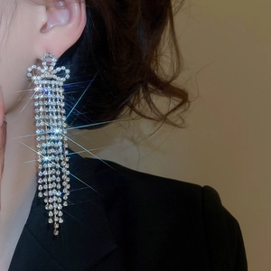 Detail view of long silver tassel earrings with crystal bowknot on a side-profile model