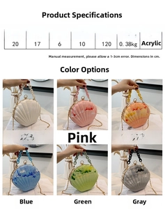 Detailed size chart and color list for the shell-shaped acrylic chain crossbody handbag