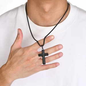 Polished black stainless steel rope cross pendant necklace with box chain for men