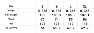 Tableau des tailles avec mesures de taille, hanches et longueur pour pantalon en dentelle