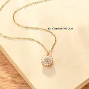 Golden titanium steel sunflower necklace with zircon pendant on 40+5cm chain