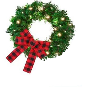 Détail de la couronne de Noël 28cm avec lumières LED blanc chaud et nœud à carreaux rouge