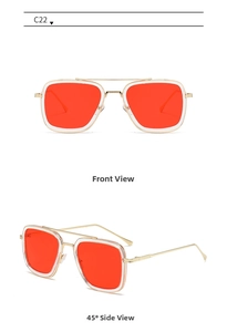 Detailed front and 45-degree side views of square sunglasses with gold frames and red lenses